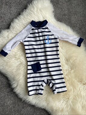 Kids Navy & White Striped One-Piece Rash Guard Swimsuit